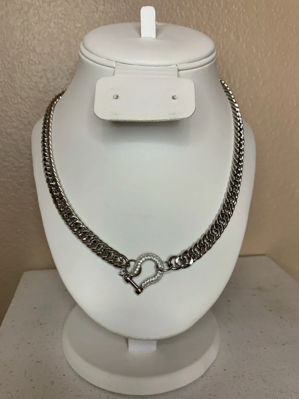 WESTERN Chunky Silver Cuban Chain Necklace Silver Rhinestone Horseshoe Pendant - Picture 2 of 4